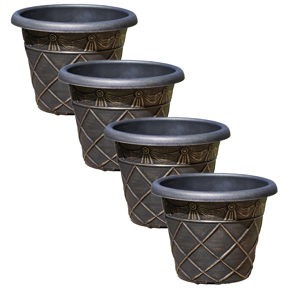 Darthome Round Black Bronze Plastic Planter, Tuscany Style, Decorative Diamond Lattice Garden Pot for Outdoor Use (4, Medium 35cm)