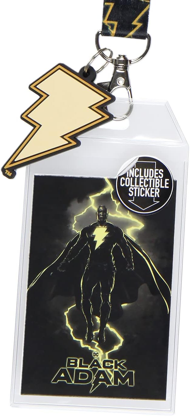 Black Adam Movie Reversible ID Lanyard Badge Holder with Rubber Lightning Charm and Collectible Sticker image 2