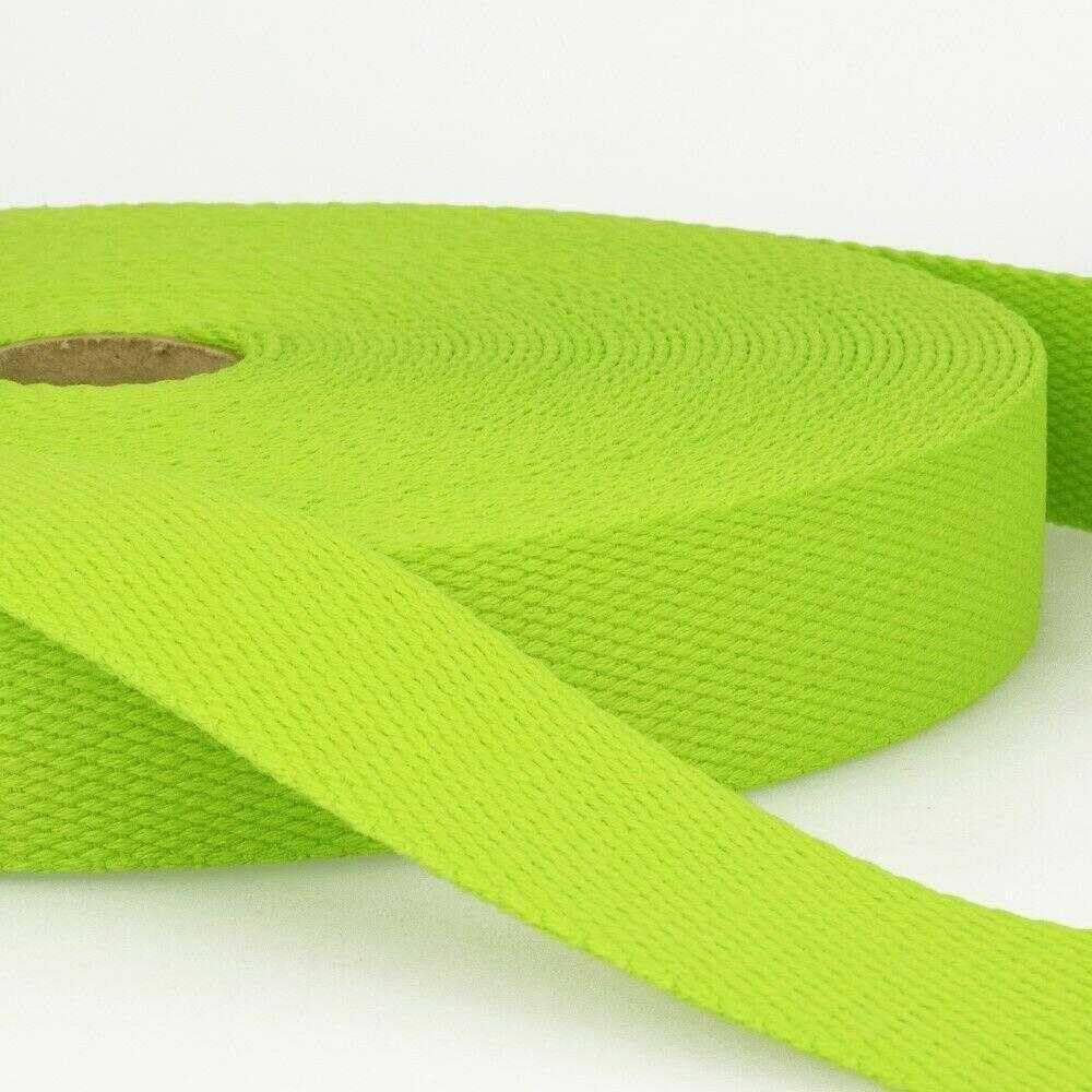 25mm Cotton Webbing 2mm Strap 231D, 016 Flo Lime Green, 4 Metres