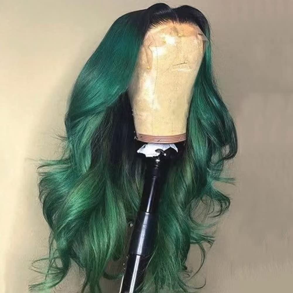 24 Inches Ombre Green Long Body Wave Lace Front Wigs 13X6 Deep Part Heat Resistant Synthetic Hair Wigs for Women Girls Glueless Hair Replacement Daily Use Cosplay Wigs