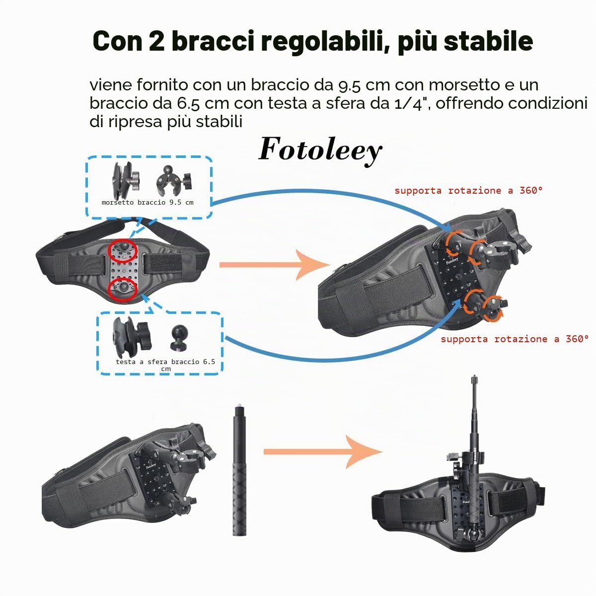 Waist Mount Back Bar - Barra posteriore per Insta360 X5/X4/X3, One RS, Ace Pro, GoPro Hero 12, Max, compatibile con DJI Osmo 360 (asta di prolunga non inclusa)
