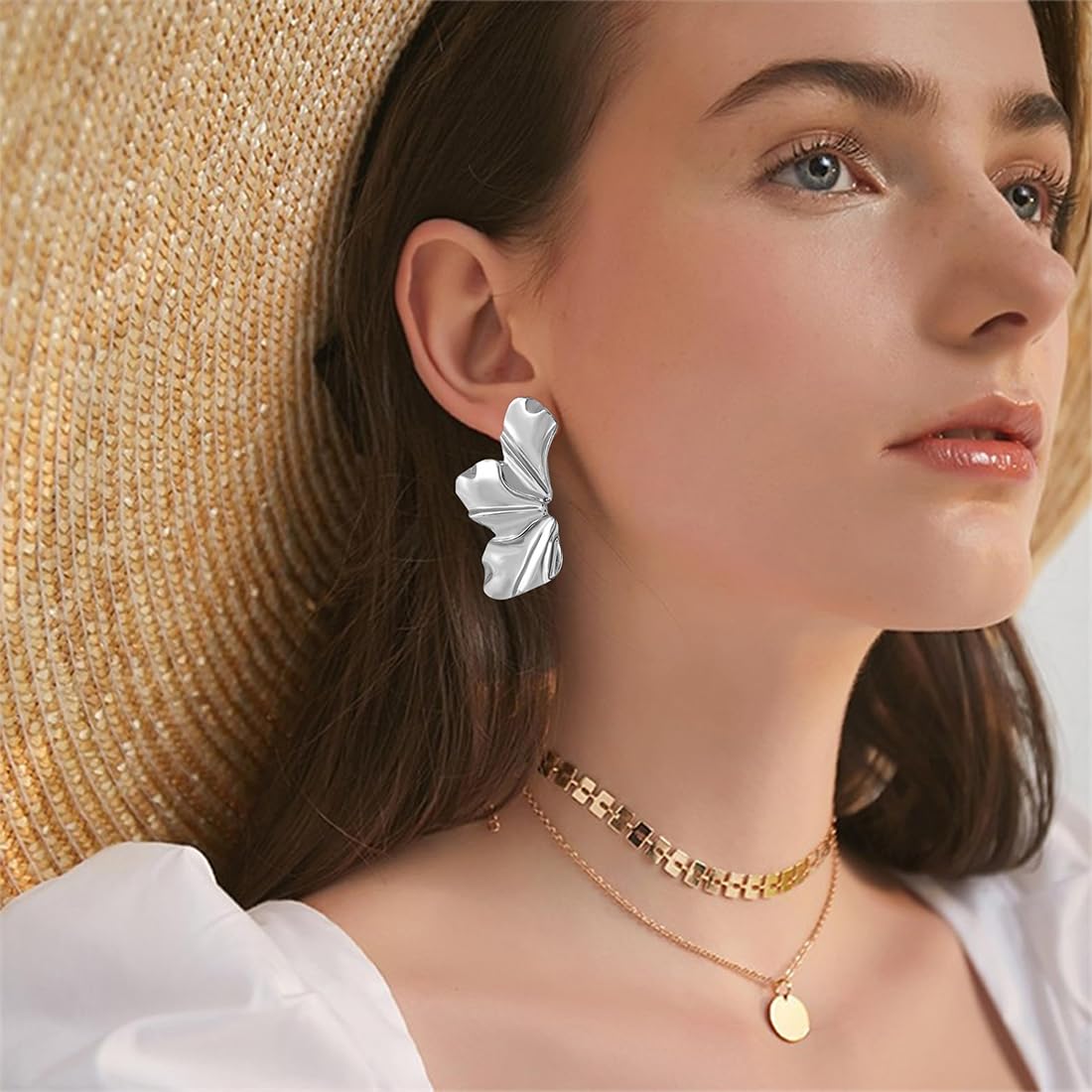 Orecchini Asimmetrici Alla Moda, Gioielleria Regalo per Mamma Moglie Figlia, A Fiore Opaco retrò,Petali Irregolari(argento)