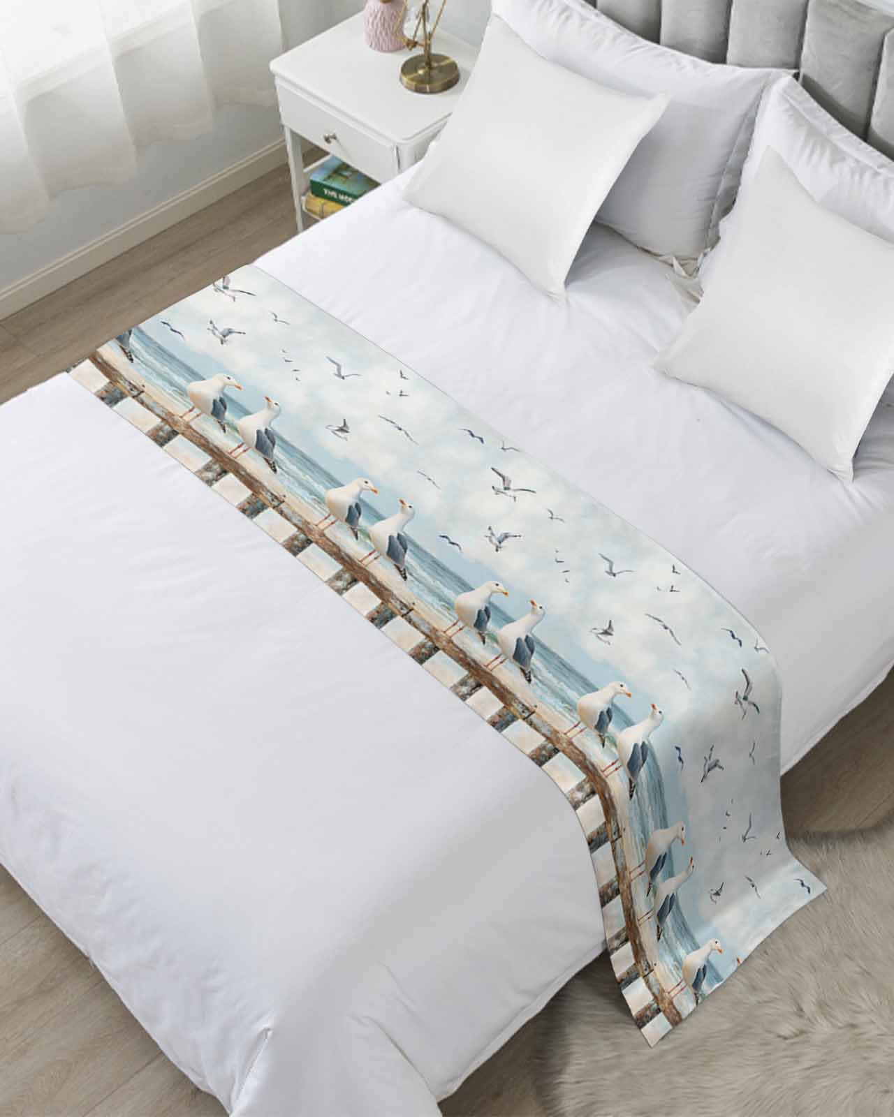 Twin Bed Runner Summer Beach Bird Seagull Bedding Runner Scarves Decorative Bed Scarf, Ombre Ocean Retro Fence Soft Bedding Scarf for Bedroom Hotel Wedding 83x20in