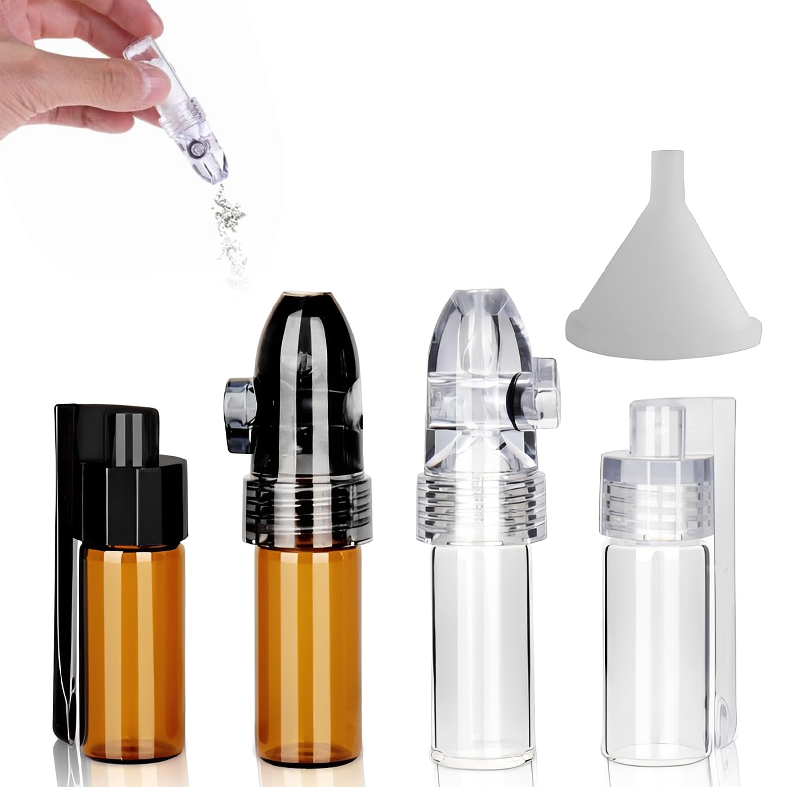 Lot de 4 Distributeurs de Poudre d'Épices avec Cuillère, 2 Bruns et 2 Blancs, Inclus Petit Entonnoir, Flacons de Conservation 51mm et 68mm pour Voyage, Camping et Cuisine