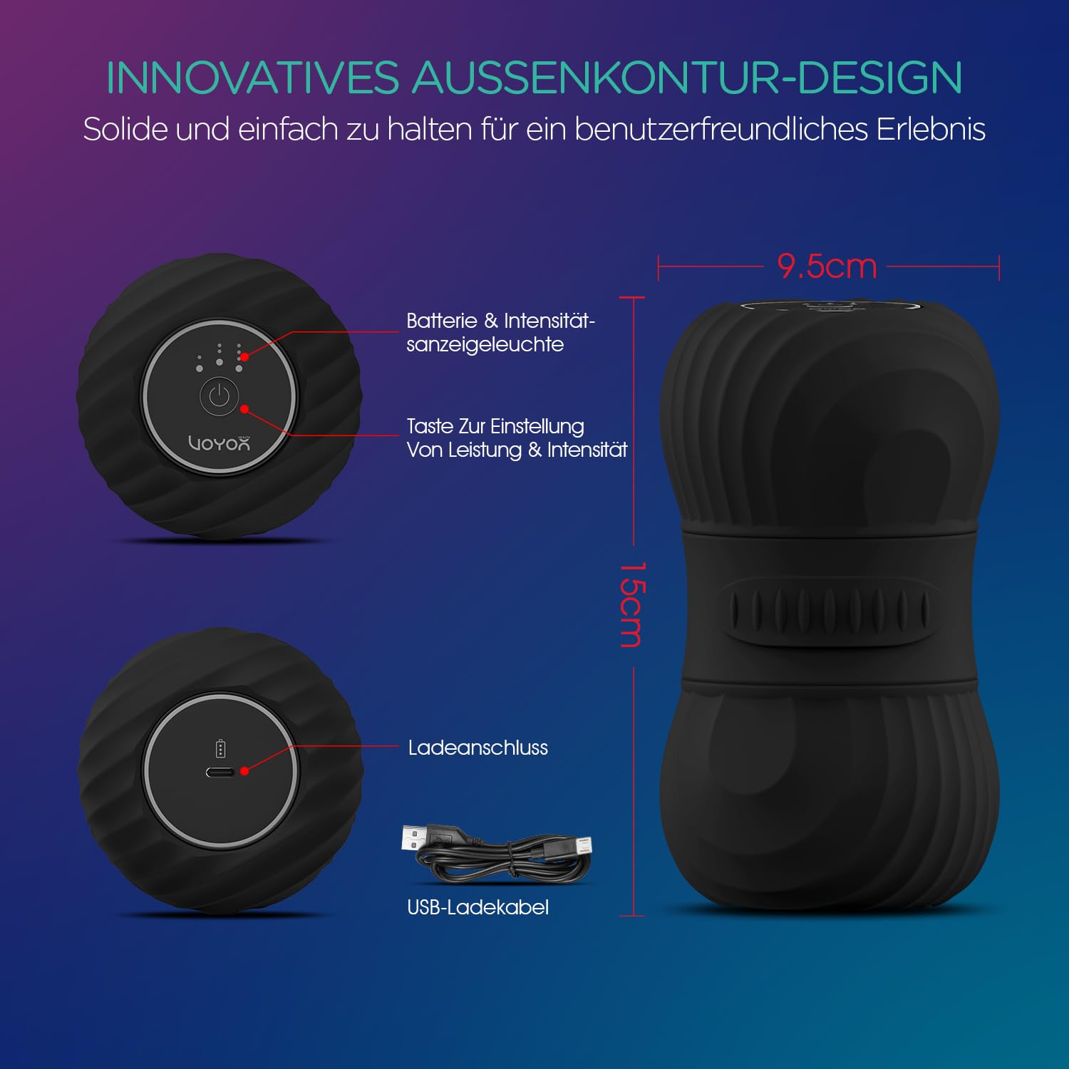VOYOR-HEALTH Elektrischer Peanut Massageball für Tiefengewebe MB300,Schwarz | Faszienrolle Wirbelsäule, Mit Vibration, Wiederaufladbar, Tiefengewebe-Triggerpunkt, Für Faszientraining Muskelentspannung