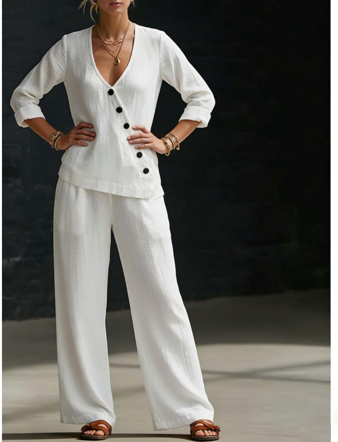 Women's Casual Linen V Neck Asymmetrical Button Top and Wide Leg Pants Comfort Set Casual Matching Clothing Sets