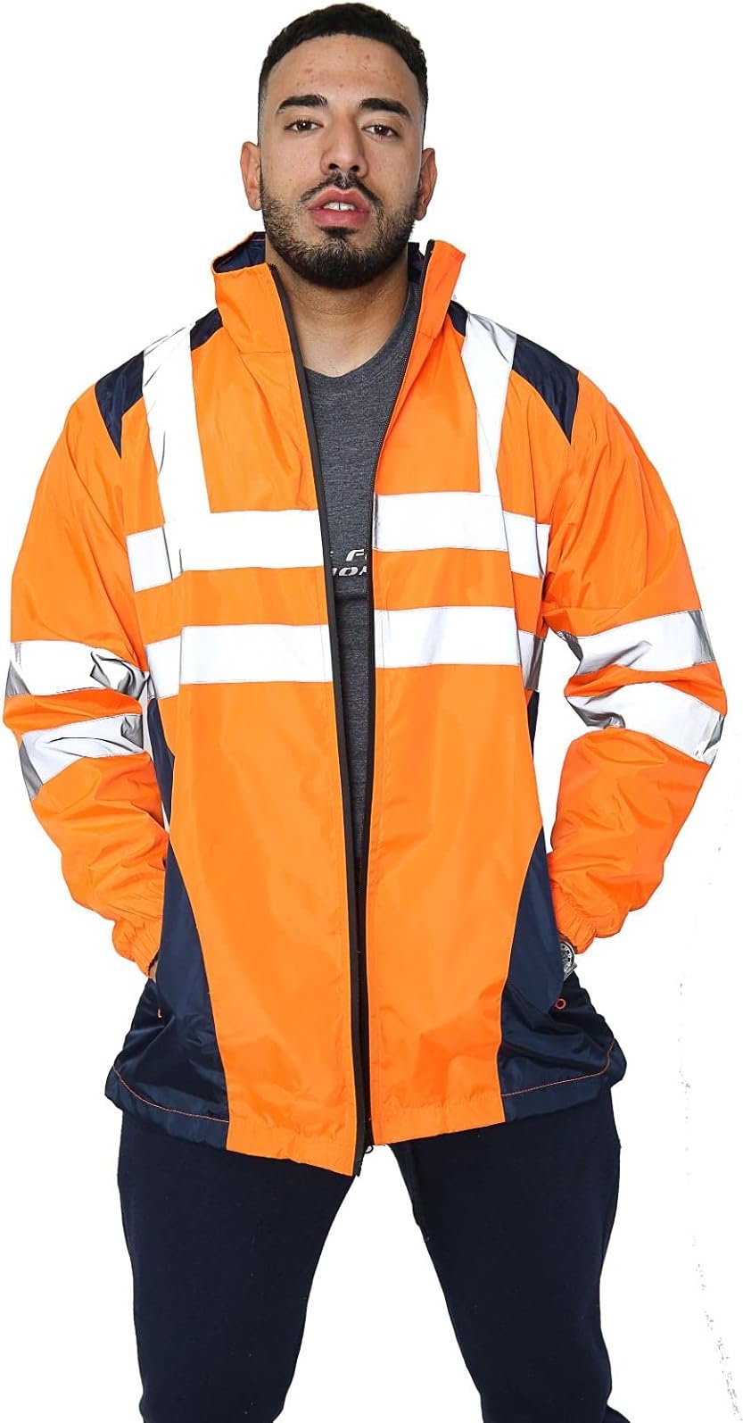 Hi Vis Rain Jacket Mens High Visibility Waterproof Reflective Tape Band Safety Zipper Hooded Top Lightweight Sizes Small to 5XL