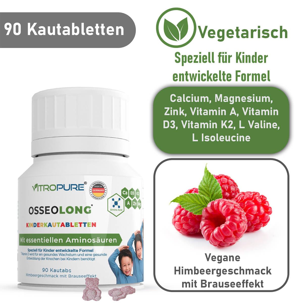 Comprimés à croquer OsseoLong® : Combinaison unique : Acides Aminés à Chaîne Ramifiée (BCAA), Calcium, Vitamine D3, Zinc et Magnésium pour le développement osseux.