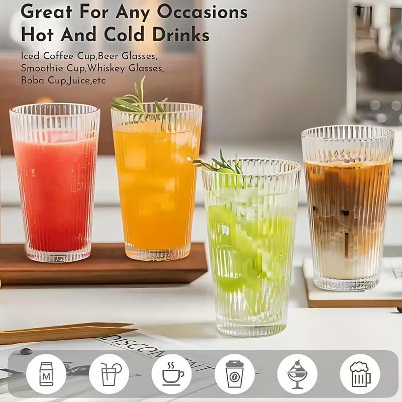 Image of PrimeWorld Ribbed Glass Tumbler Set of 6 - 350ml Striped Highball Glasses for Cocktails, Smoothies, Iced Coffee, Whiskey & Juice | Stylish and Durable Drinking Glasses for Home, Kitchen & Parties