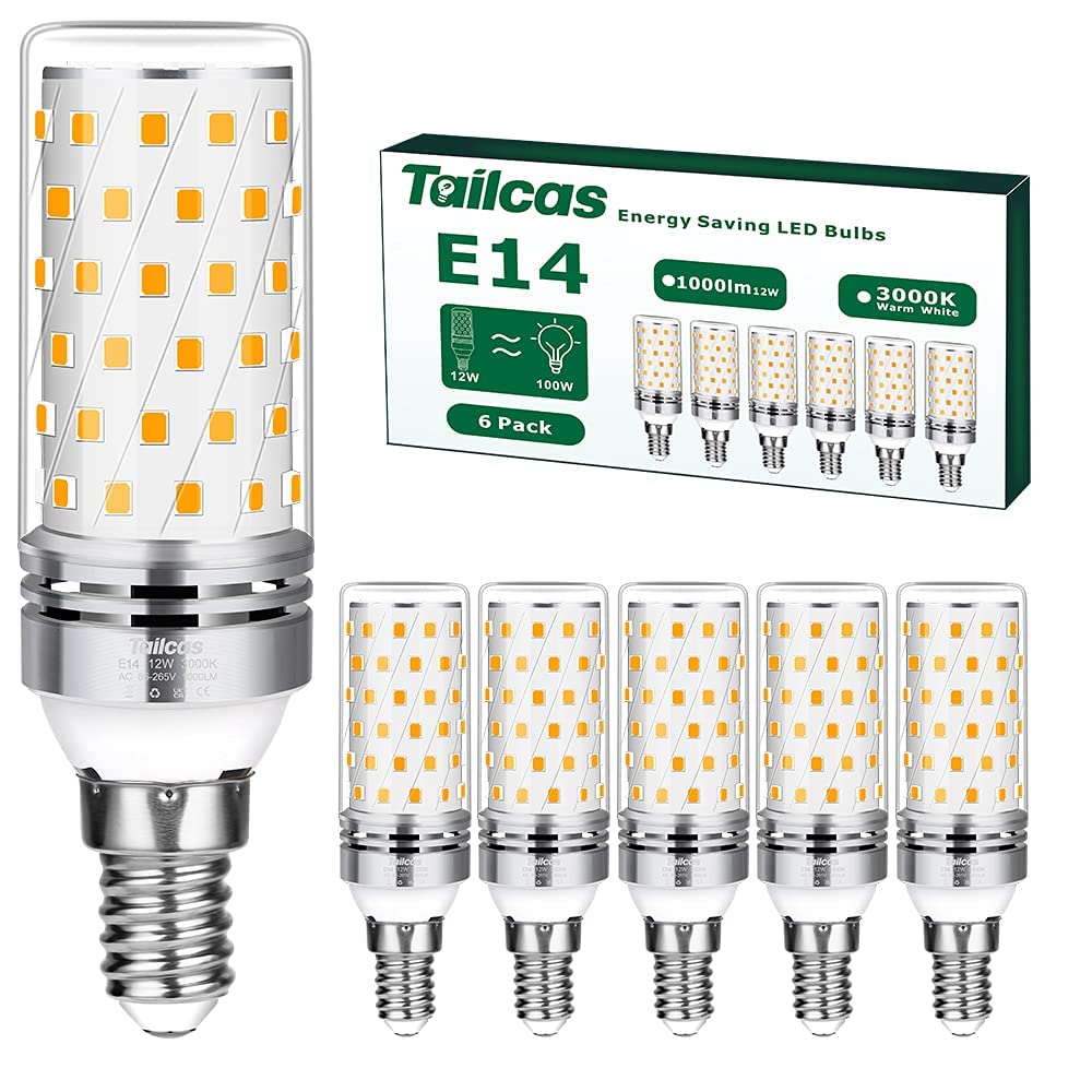 Tailcas E14 LED Warmweiss Birne, 3000K 1000LM 12W E14 Lampe, Ersatz für 100W Glühlampe, Nicht Dimmbar Kein Flackern Energiesparlampe, AC 220-240V Kleine Edison-Schraube Kerze Leuchtmittel (6er-Pack)