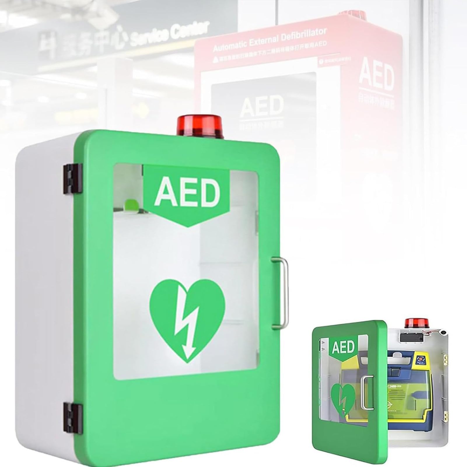 Szafka na AED defibrylator AED pierwszej pomocy Szafka pierwszej pomocy z alarmowym światłem stroboskopowym Pasuje do większości modeli AED,do domowego biura,Green