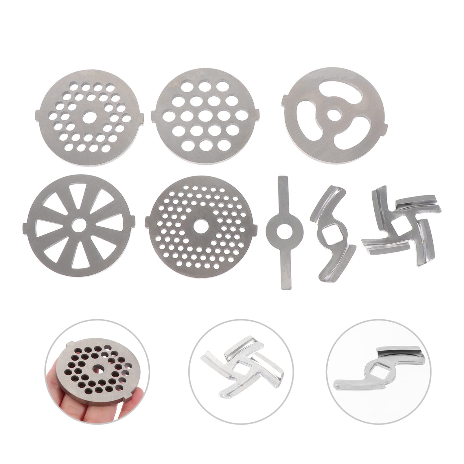 Discos para Picadora de Carne Eléctrica, 8 Piezas Acero Inoxidable | Plata, Orificios Redondos de 7mm y Cuadrados de 8, 3mm, Recambio para Cuchillas Usadas