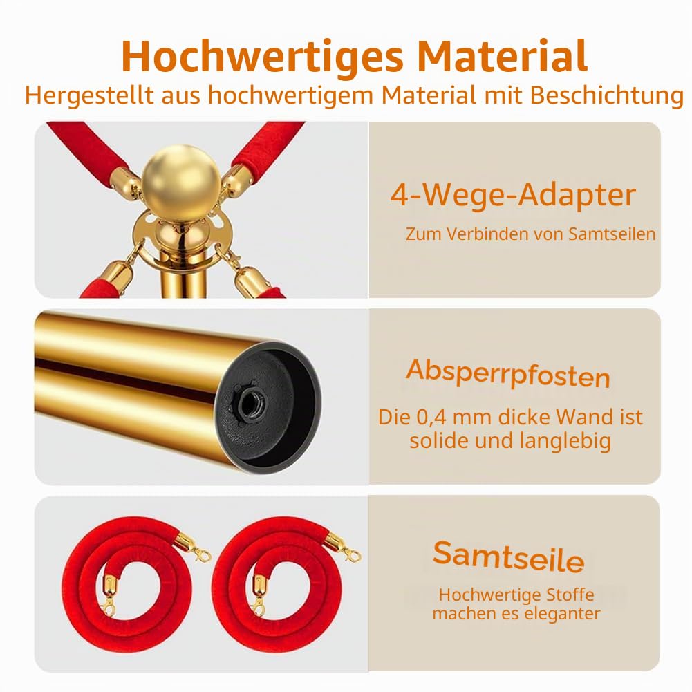 Premium Absperrstab mit Seil - Robuster Crowd Control Bandstab für Warteschlangen, Events & Ladenmanagement, Set mit 5 ft/1.5 m rotem Samt Seil (6)