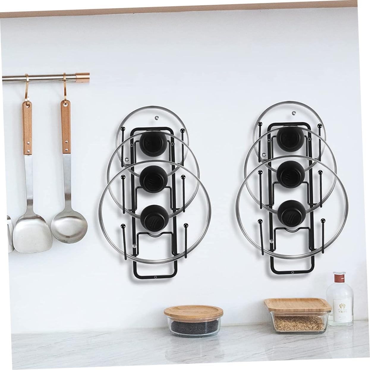 2pcs Wall-mounted Pot Lid Organizer Punch Storage Rack for Kitchen Reusable and Space-saving for Utensils and Pan Covers Design