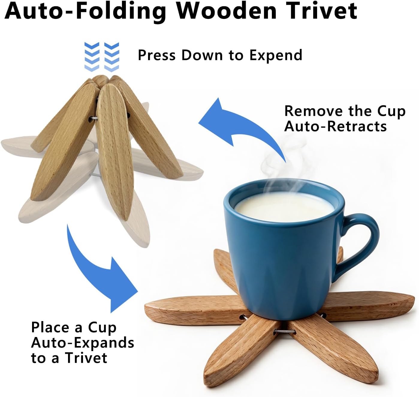 Foldable Wooden Trivets for Hot Dishes Set of 4 with Stand, Magnetic Trivet Design, Natural Beech Wood Foldable Trivet, Heat Resistant Wooden Trivets for Kitchen Counter & Dining Table