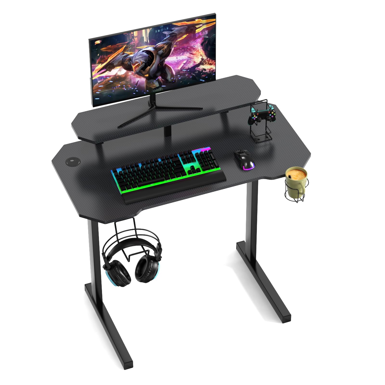 CHOWGOLI Tavolo da gioco, 100 x 55 x 75 cm, superficie in fibra di carbonio, telaio a L, tavolo per computer con barre per monitor, supporto per bidente, gancio per cuffie, scrivania