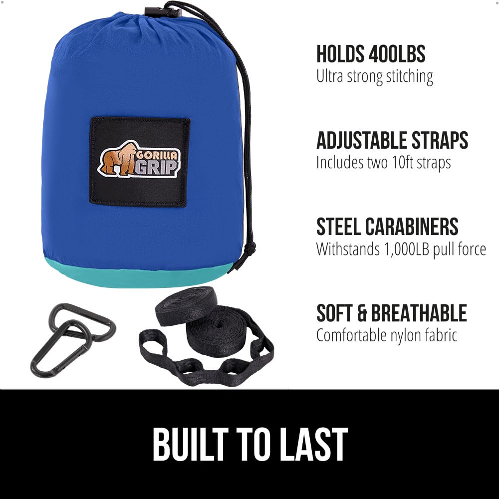 GORILLA GRIP Durable Portable Camping Hammock, Holds 400lbs with Heavy Duty Tree Straps, Comfortable Travel Swing, Camp Hammocks, Easy to Use and Install, Outdoor Essentials, Blue, 9x4.5 FT