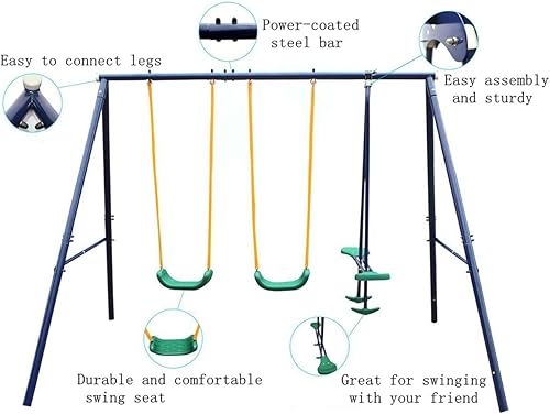Miniatura 3 de Juego de columpios 2 en 1 para patio trasero con dos asientos y un deslizador, juego de juegos para niños al aire libre, acero resistente, un