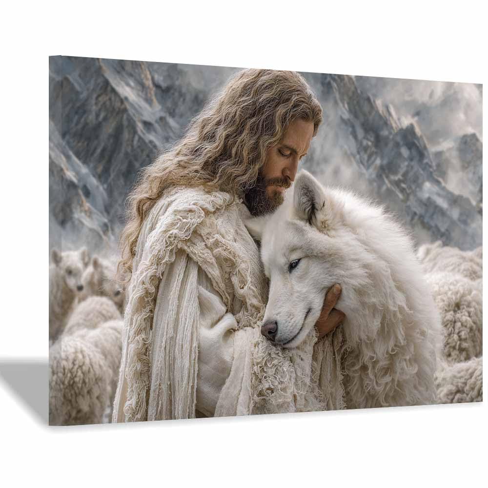 ZAMAEIU Christians Spiritual Wall Decor Pictures Embracing thes wolf Painting Print, Religions Poster Artwork for Living Room Bedroom Church Home Decor(white)-80x120cm Framed