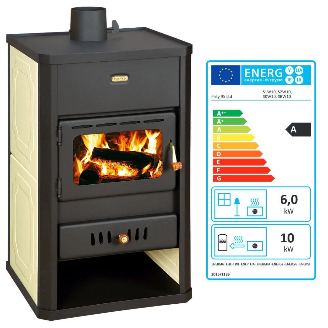Prity S1 W10 Poêle à bois avec gaine d'eau 10 kW Chauffage central Certifié CE