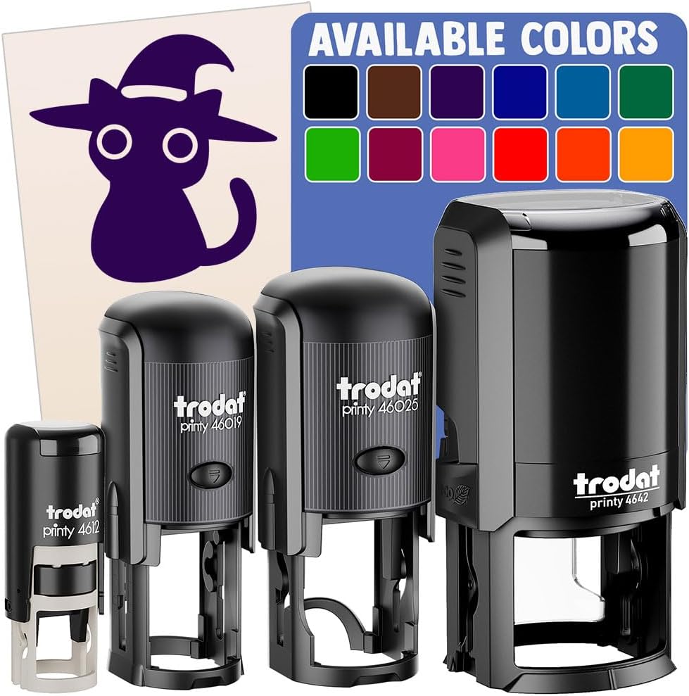 Black Cat with Witch Hat Halloween Self-Inking Rubber Stamp Ink Stamper for Stamping Crafting Planners - 1-1/2 Inch Large - Red Ink