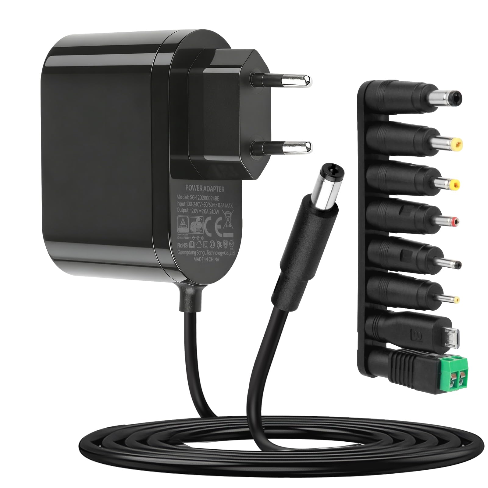 12V 2A Fuente de Alimentación, 24W 12V 2A Universal Adaptador 100-240V 5.5 × 2.1mm Transformador 1.5M Cable con 8 Adaptadores de Enchufe de 1000mA 1500mA 2000mA para LED Router Cámaras de Seguridad — view 7