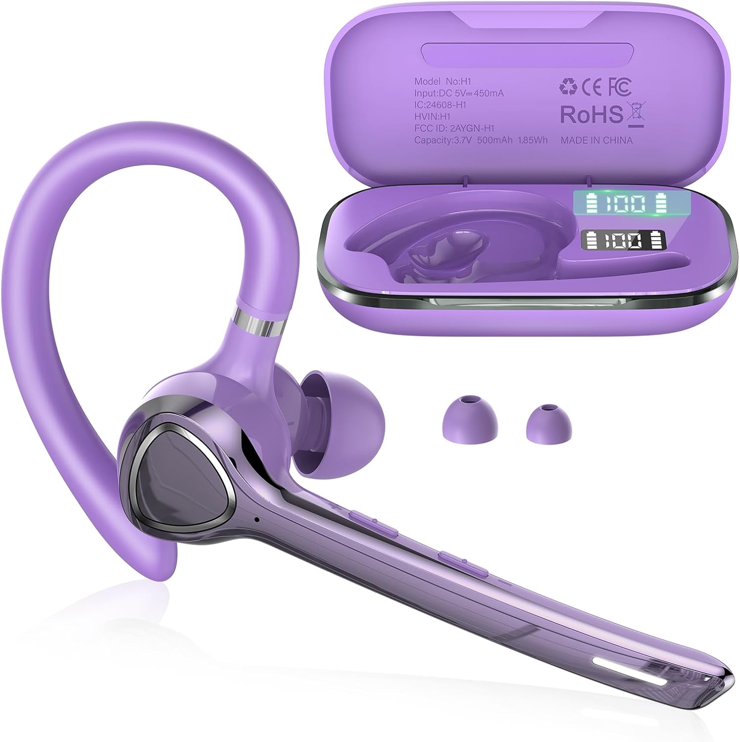 Bluetooth Headset with APTX HD Audio, Wireless Hands-Free Earpiece with CVC 8.0/ENC Dual Mic, Mute Button & Dual Device Connection, 90H Playtime Single-Ear Headphone for Trucker, Business, Purple‌