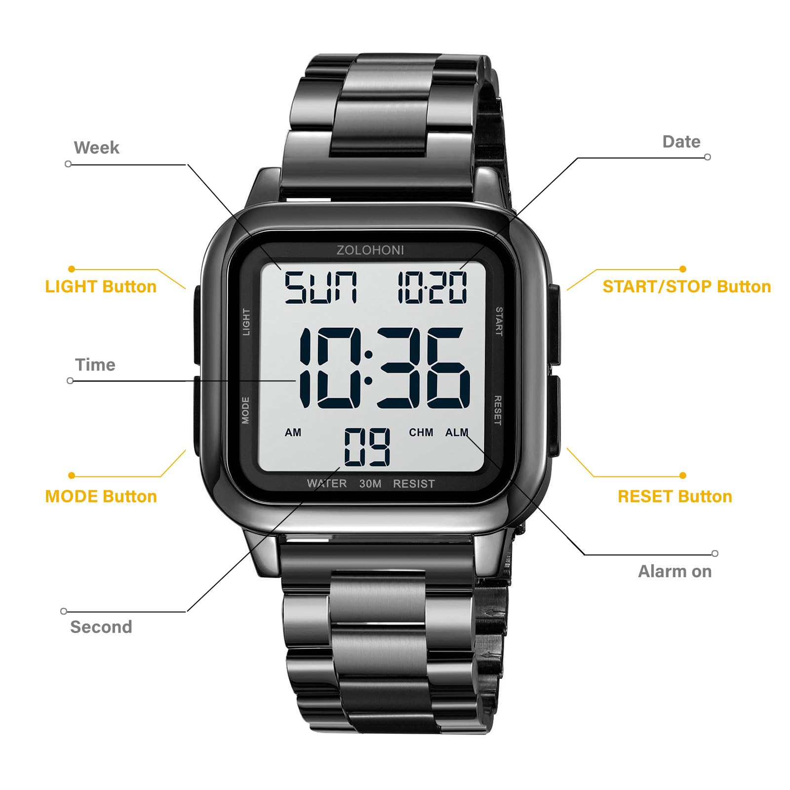 Orologi impermeabili del fronte del grande quadrante dei numeri dell'orologio digitale degli uomini quadrati LED