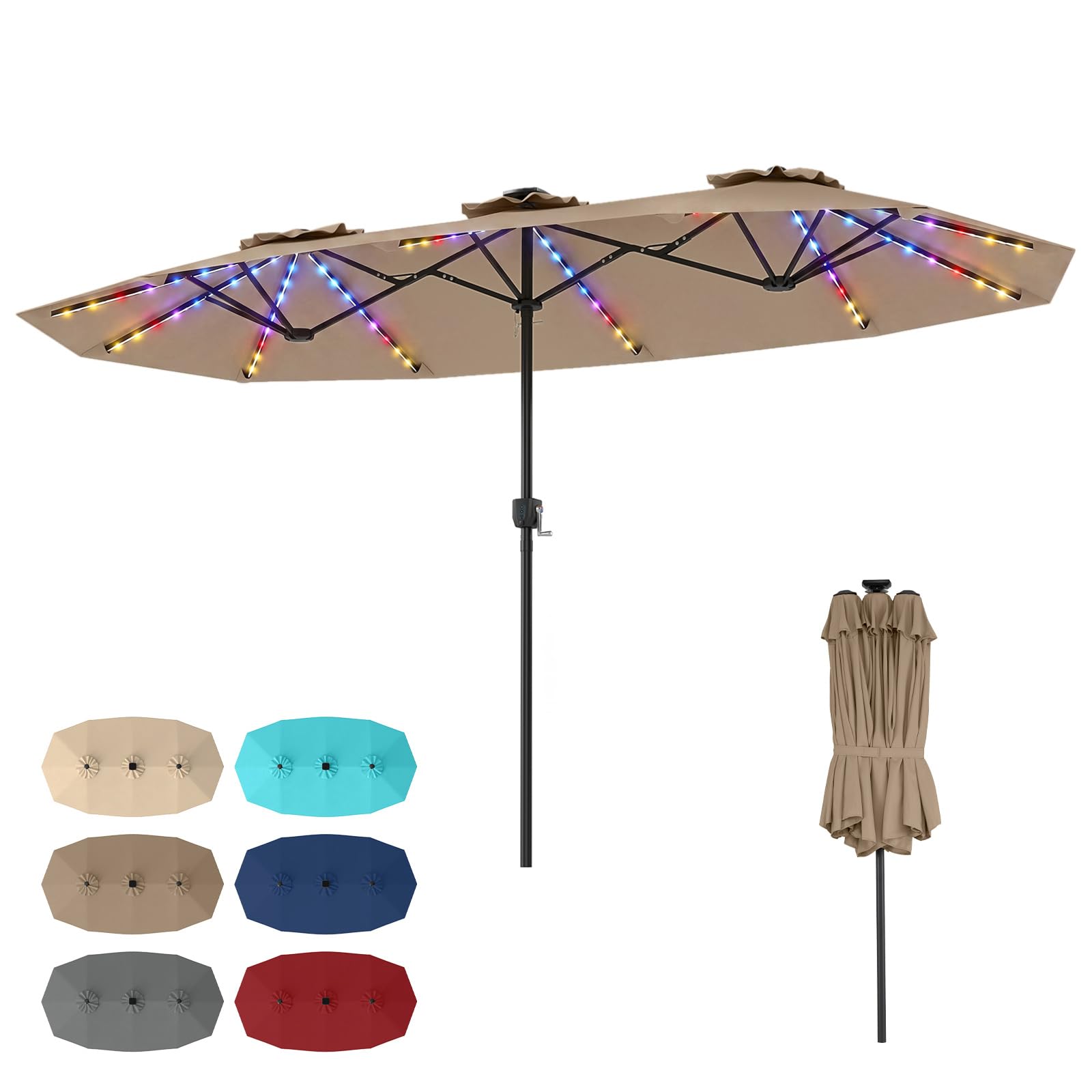 RELAX4LIFE Grand Parasol Double avec LED Multicolore, Parasol de Jardin Extérieur 4M, 12 Baleines, Manivelle, Mât en Métal Revêtu, Polyester Résistant, Abri Solaire pour Terrasse Événement (Marron)