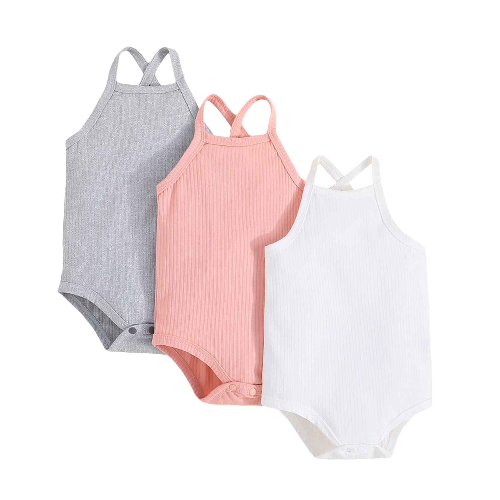 Newborn Baby Girl Boy Summer Romper Pack Tank Top Romper Sleeveless Solid One-piece Cami Bodysuit Ribbed Jumpsuit (A-White Pink Gray, 6-9 Months)