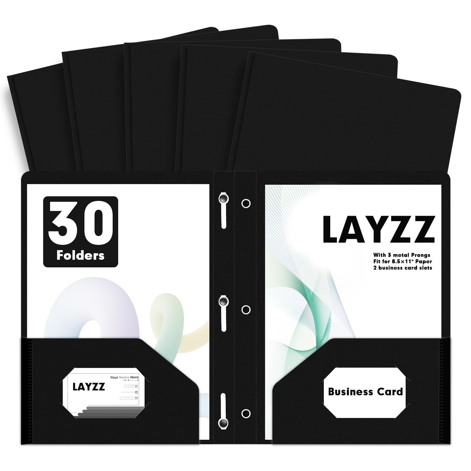LAYZZ Plastic 2 Pocket Folders with Prongs, 30 Pack, Heavyweight, Letter Size Poly Folders with 3 Metal Prongs Fastener Clips (Black)