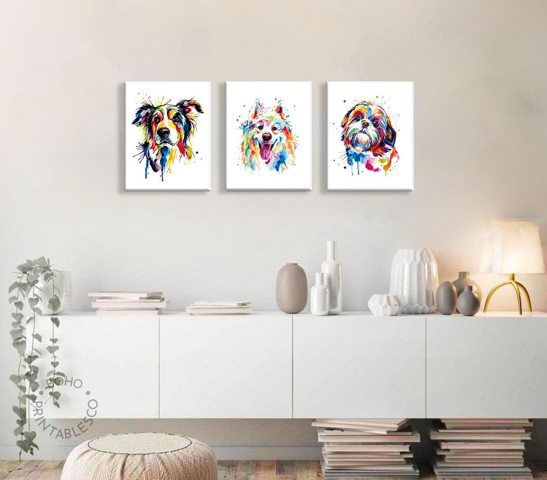 Colorful Watercolor Dog Wall Art Set of 4, Vibrant Dog Portrait Canvas Prints, Framed Boho Animal Decor for Living Room Bedroom, Ready to Hang 8x10 Inch