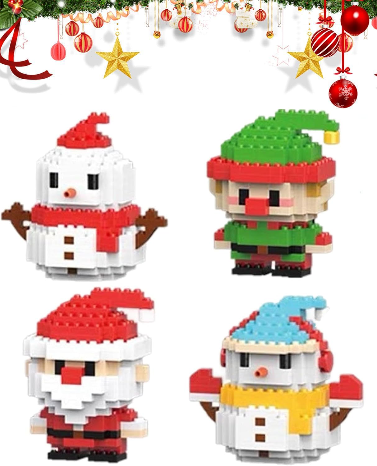 Santa Claus Design Building Blocks Set, 4 Pack Christmas Theme Building Blocks Ornaments, Mini Building Figures, DIY Stocking Stuffers, Xmas New Year Birthday Gifts (4pcs C)