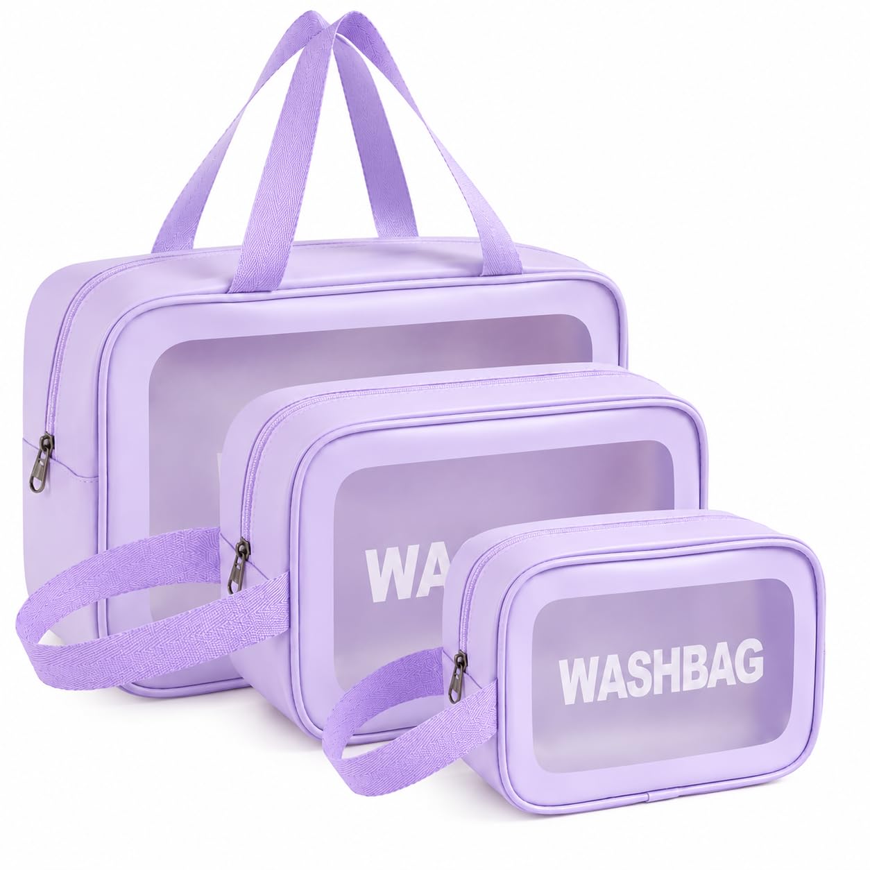 Waterproof Faux Leather Makeup Bag Set of 3 | Premium Travel Toiletry Organizer with Clear Window | Portable Pink Cosmetic Wash Pouch with Handle for Brushes & Accessories (Light Purple)-image-30