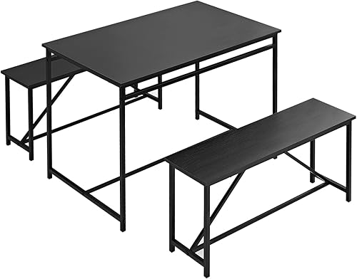 Panana Juego de mesa de comedor de 3 piezas, mesa de cocina de 43 pulgadas con dos bancos, mesa de desayuno con marco de metal, comedor y hogar,
