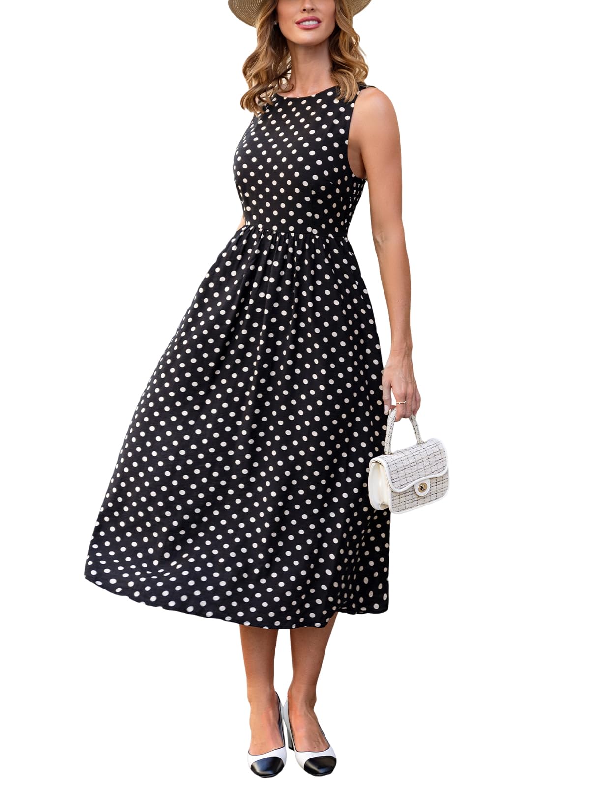CUPSHE Damska letnia sukienka bez rękawów, elegancka sukienka w stylu vintage, linia A, sukienka maxi z kropkami, sukienka na imprezę, urlop, wesele