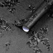 Dimoon 17.7x79 Peel and Stick Wallpaper Black Contact Paper Gothic Floral Modern Wall Paper Renter Friendly Self Adhesive Damask Cabinet Vinyl Roll79x17.7, Black Floral Textured