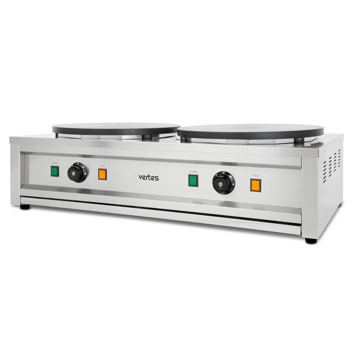 vertes Double Crêpes Maker incl. distributore in legno (6000 watt, piastra riscaldante 2x 40 cm, rivestimento antiaderente, temperatura regolabile in continuo da 50-300 °C, Acciaio Inox) Doppio