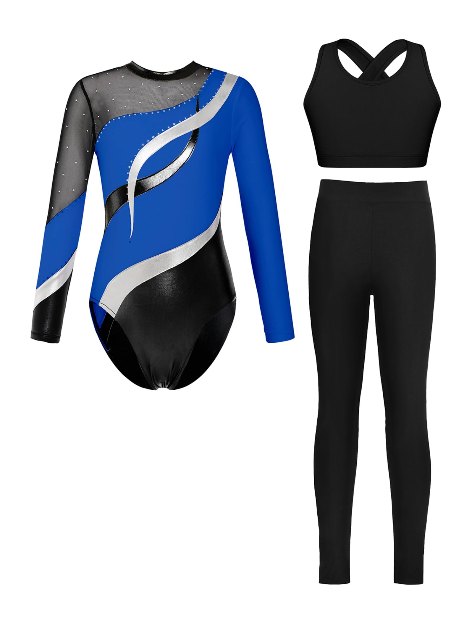 3tlg.Mädchen Turnanzug Glitzer Gymnastikanzug mit Hose Sport BH Tops Langarm Ballettanzug Gymnastik Leotard Tanz Outfit