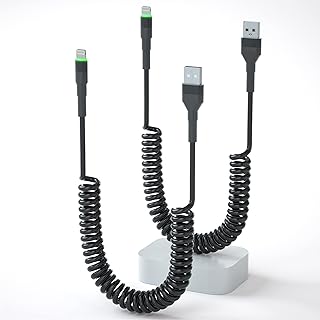 2 Pack Coiled iPhone Lightning Cable Apple Carplay[ Mfi Certified],6FT Short Retractable iPhone Charger Cord for Car Fast Charging Data Sync with LED,for iPhone Pad Pod
