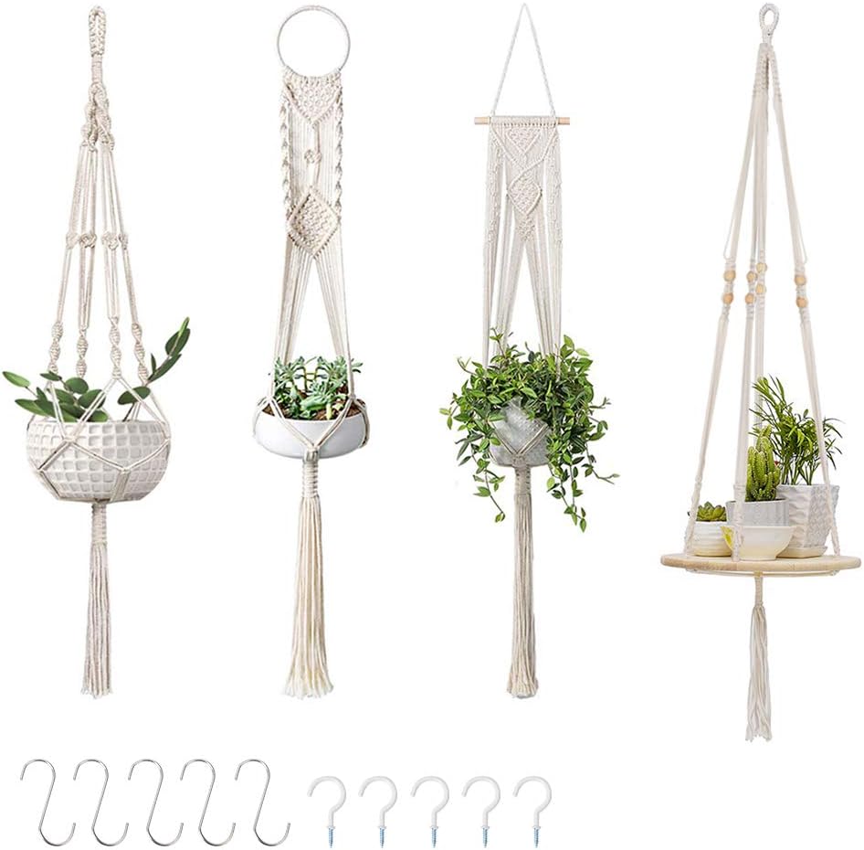 GROWNEER 4 Packs Macrame Plant Hangers with 10 Hooks Hanging Plant Shelf Indoor Wall Planter Decorative Flower Pot Holder Boho Home Decoration