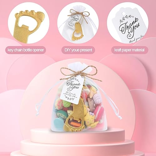Miniatura 6 de XHIPY 50 llaveros de huellas de bebé, abrebotellas, regalos de fiesta de baby shower, abridor de botellas, recuerdos de baby shower, con bolsa de