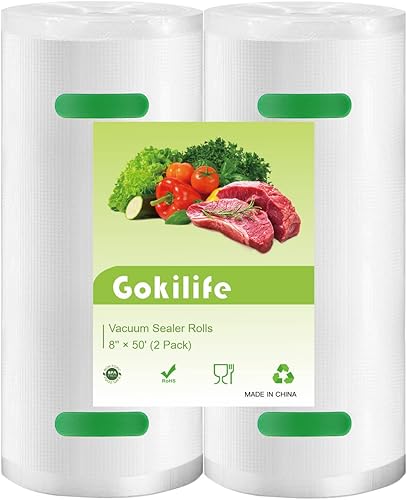 Gokilife Bolsas selladoras al vacío, paquete de 2 bolsas de 8 x 50 pies, bolsas de sellado al vacío de grado comercial sin BPA y resistentes, sellan