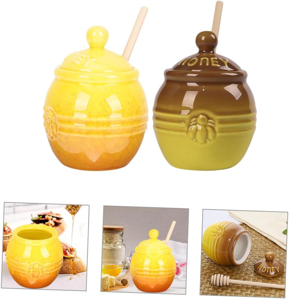ABOOFAN 2 Set Ceramic Delicate Honey Dispensers with Lids Dipper Sticks Vintage Style for Home Kitchen Aesthetic present