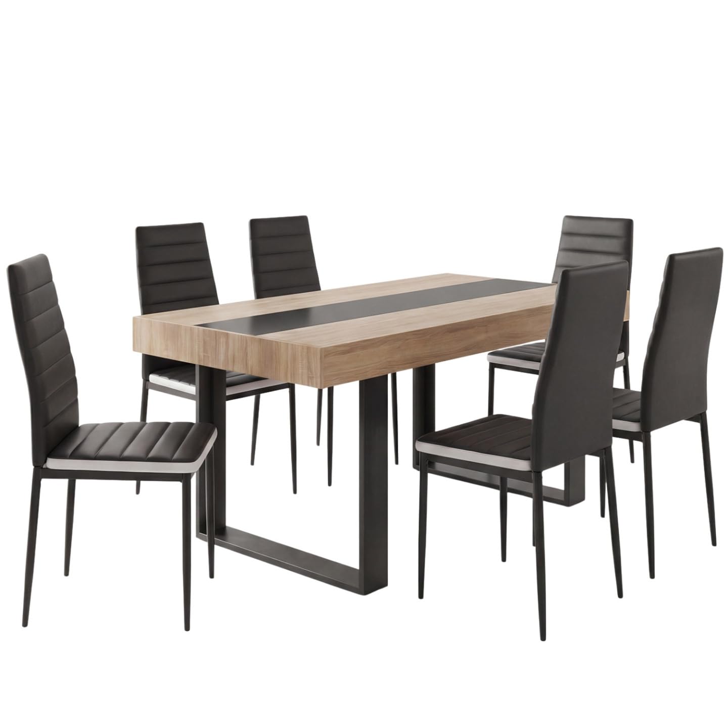 IDMarket - Juego de mesa de comedor rectangular Phoenix en madera y franja central negra de 160 cm y 6 sillas Novelas negro blanco medio