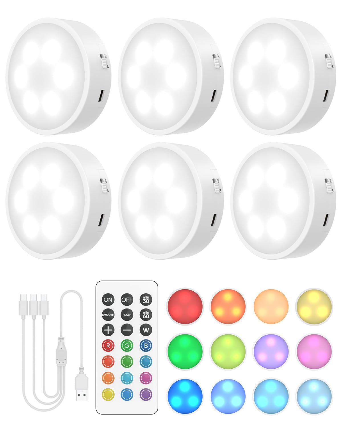 Puck Lights with Remote, 13 RGB Colors LED Under Cabinet Light, Rechargeable Battery Operated Under Cabinet Lighting Tap Lights, Stick on Lights with Dimmer and Timer(6 Pack)