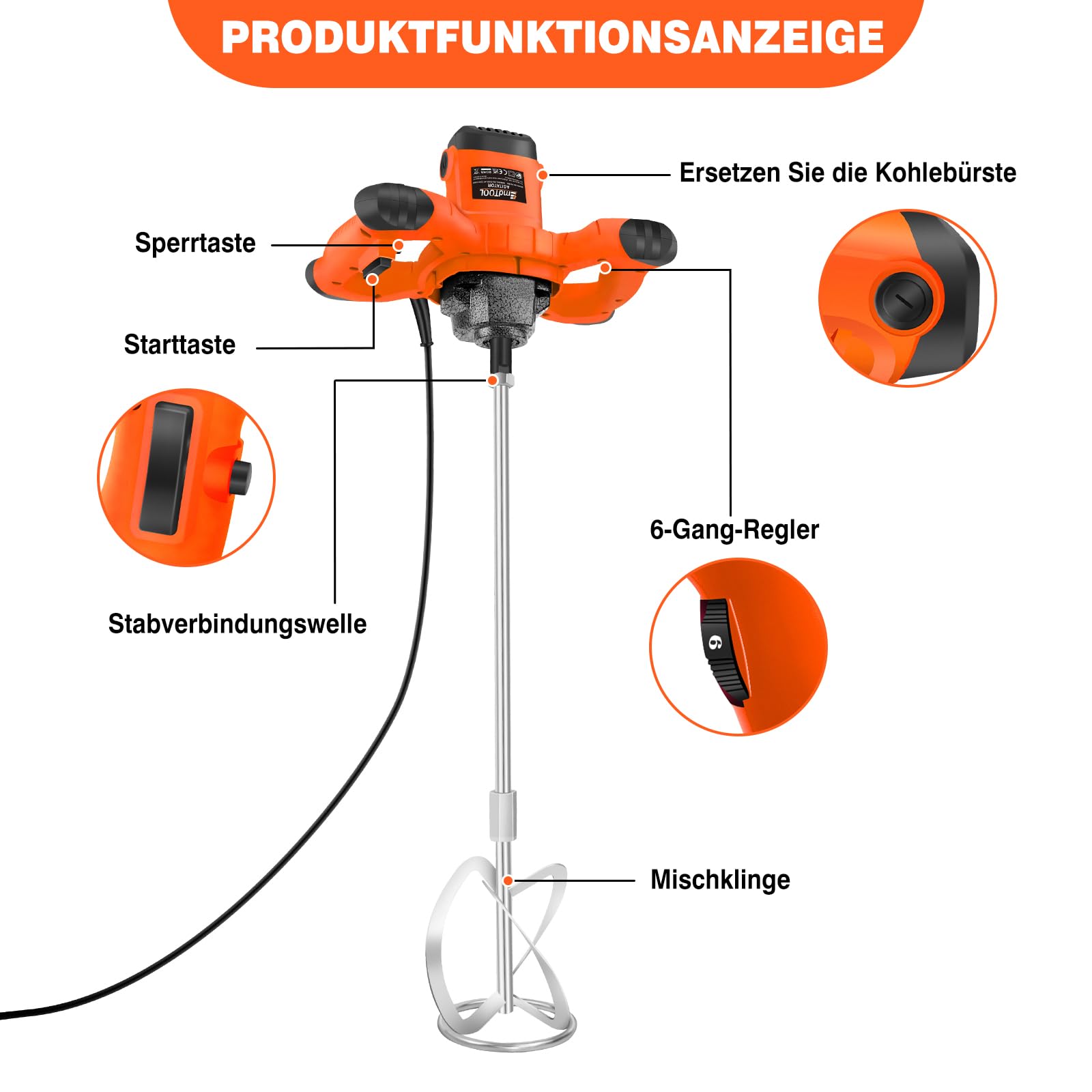 2600W Rührwerk Betonmischer Handrührwerk Mörtelrührer Farb-Mörtelrührer, 6-Gang-Getriebe 0-1700U/min, Quirl Mörtelrührer, M14-Gewinde, Rührgerät Mörtel für das Mischen von Farbe, Zement, Beton, Orange