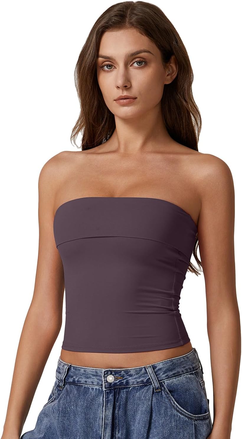 QINSEN Women's Tube Tops Strapless Bandeau Tops Double Lined Slim Fit Summer Going Out Tank Tops - Image 3