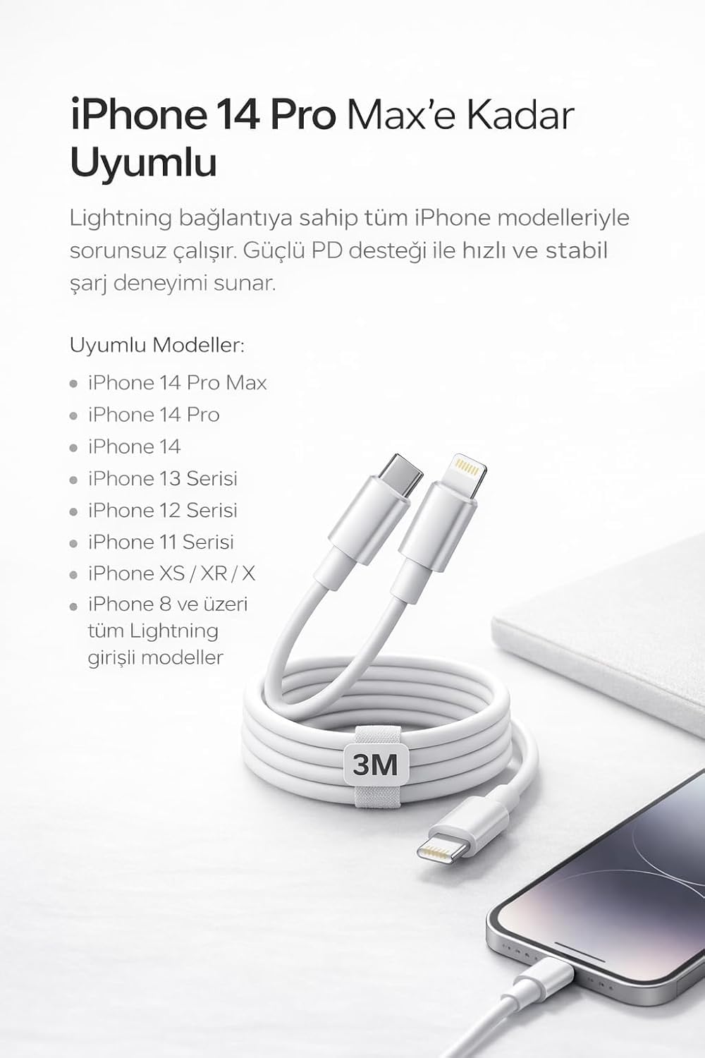 Yk Desıgn İPhone Uyumlu USB-C to Lightning Şarj ve Data Kablosu, Beyaz 3M