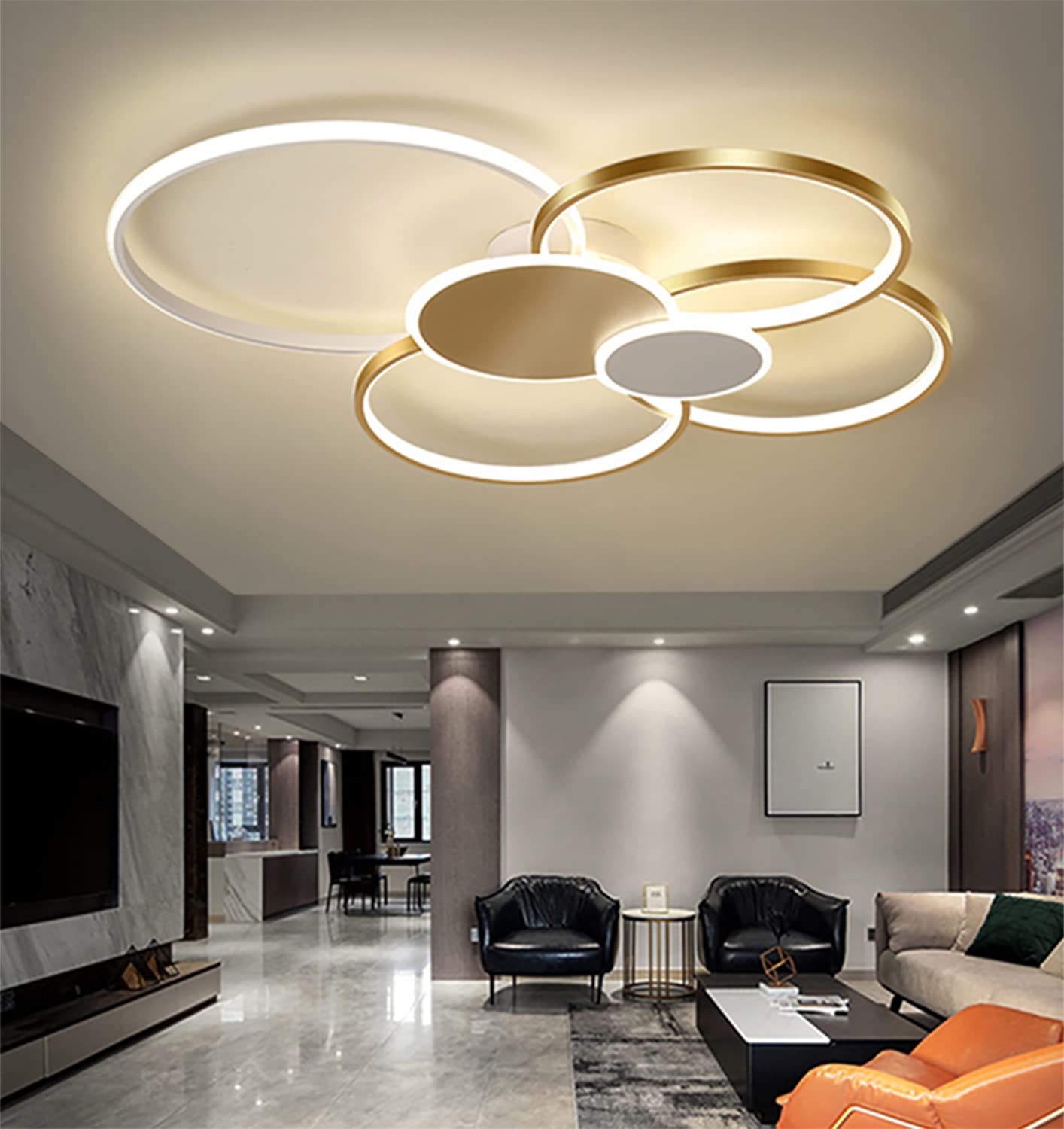 Hsyyz LED Dimmable Ceiling Light with Remote Control Chic Living Room Ceiling Lamp Fixture Creative 6-Ring Design Metal Ceiling Light,Interior Lighting Flush Mount Chandelier (Gold+White, L100CM/96W)